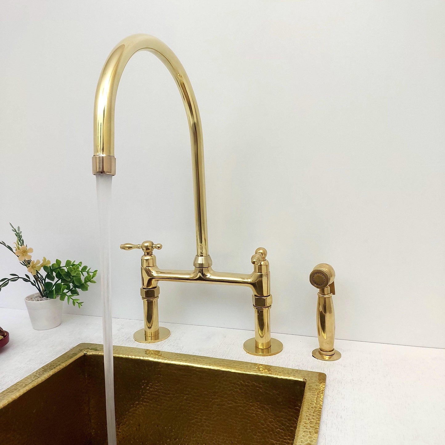 8" Unlacquered Brass Bridge Kitchen Faucet with Sprayer