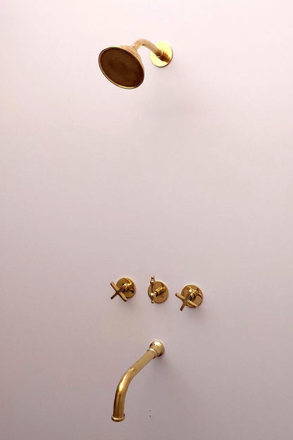 Unlacquered Brass Shower System with Tub Filler and Round Shower Head - Ref: ATLASS34