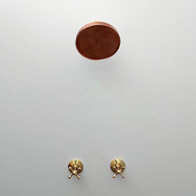 Unlacquered Brass Shower System with Copper Round Rain Shower Head Ref - ATLASS32