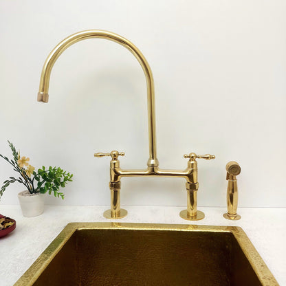 8" Unlacquered Brass Bridge Kitchen Faucet with Sprayer