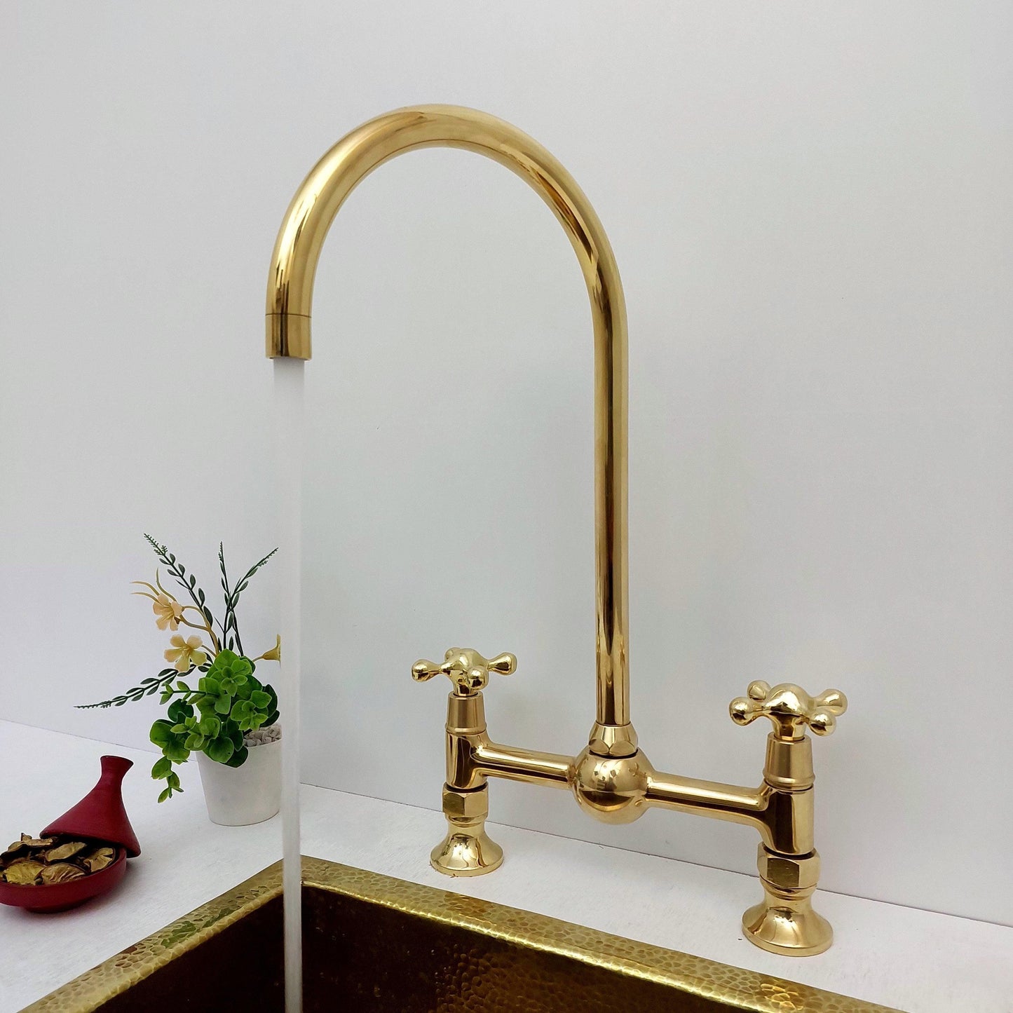 Unlacquered Brass Bridge Kitchen Faucet With Ball Center - Ref: AKF-1
