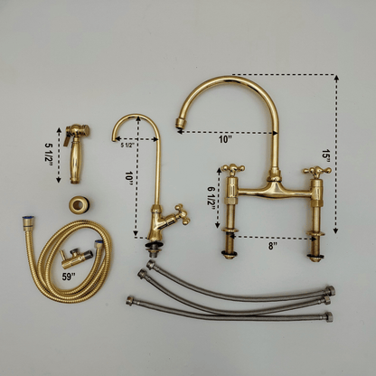Unlacquered Brass Bridge Kitchen Faucet With Sprayer and Cross Handles - 8" Spread - Ref: APC-3