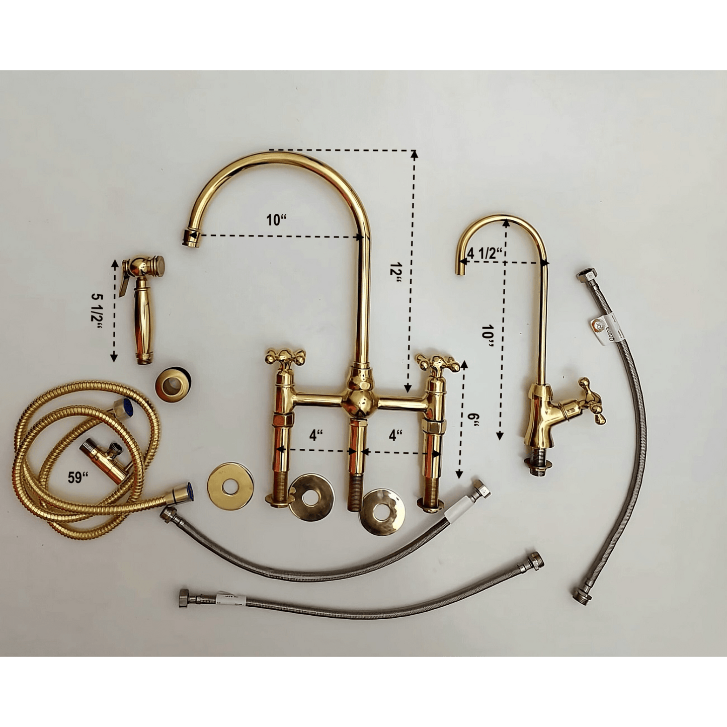 Unlacquered Brass Bridge Kitchen Faucet With Ball Center, 3 Straight Legs, And Cross Handles - 8" Spread - Ref: APC-4