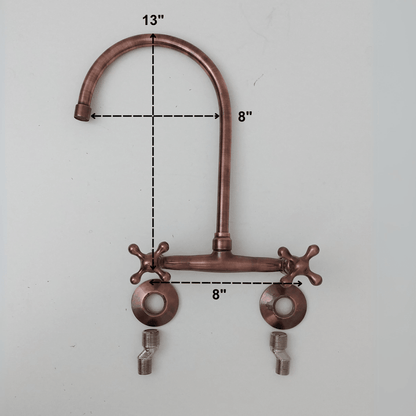 Brass Wall-Mount Bridge Faucet, Antique Copper Finish Faucet with Cross Handles - Ref: WFC005