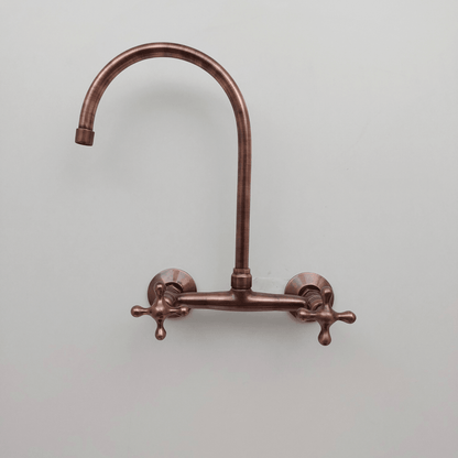 Brass Wall-Mount Bridge Faucet, Antique Copper Finish Faucet with Cross Handles - Ref: WFC005