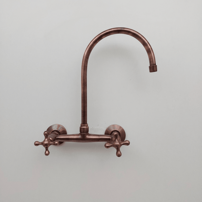 Brass Wall-Mount Bridge Faucet, Antique Copper Finish Faucet with Cross Handles - Ref: WFC005