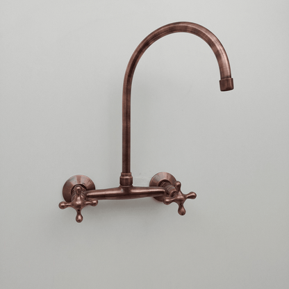 Brass Wall-Mount Bridge Faucet, Antique Copper Finish Faucet with Cross Handles - Ref: WFC005