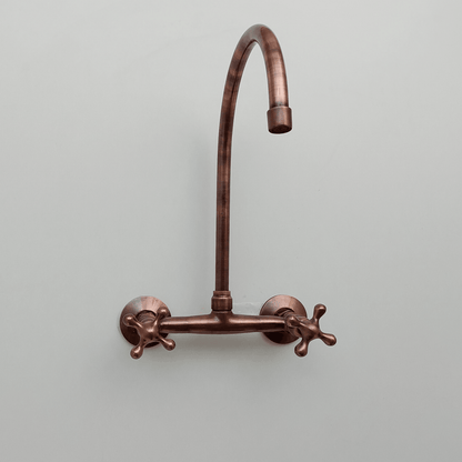 Brass Wall-Mount Bridge Faucet, Antique Copper Finish Faucet with Cross Handles - Ref: WFC005