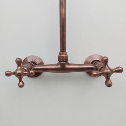 Brass Wall-Mount Bridge Faucet, Antique Copper Finish Faucet with Cross Handles - Ref: WFC005