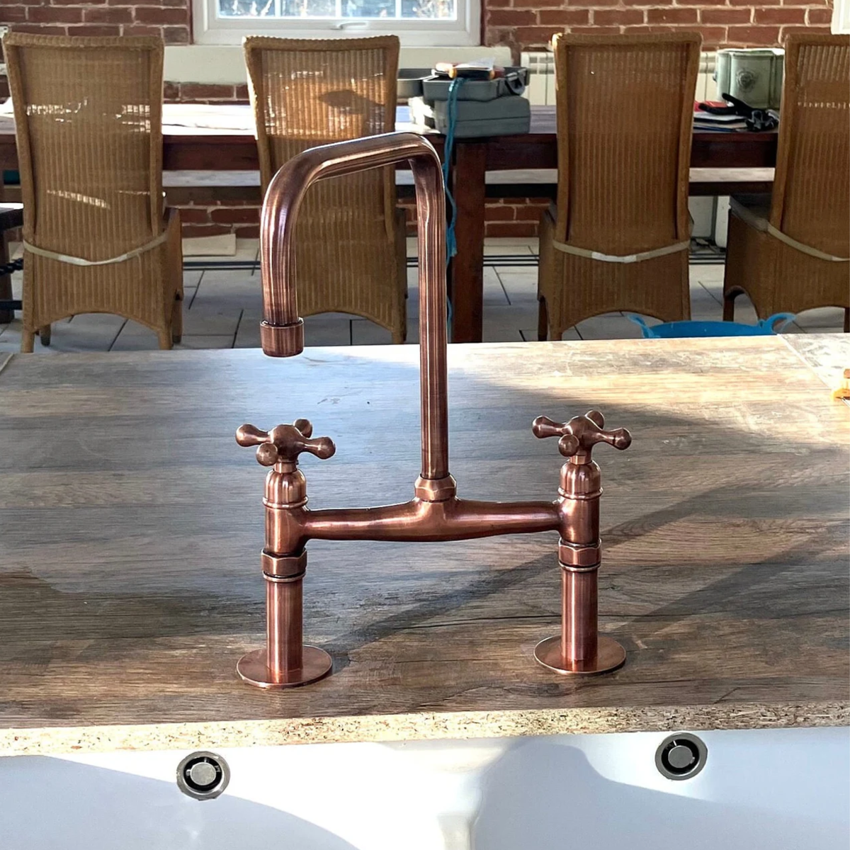 Antique Copper Classic Bridge Kitchen Faucet with Cross Handles