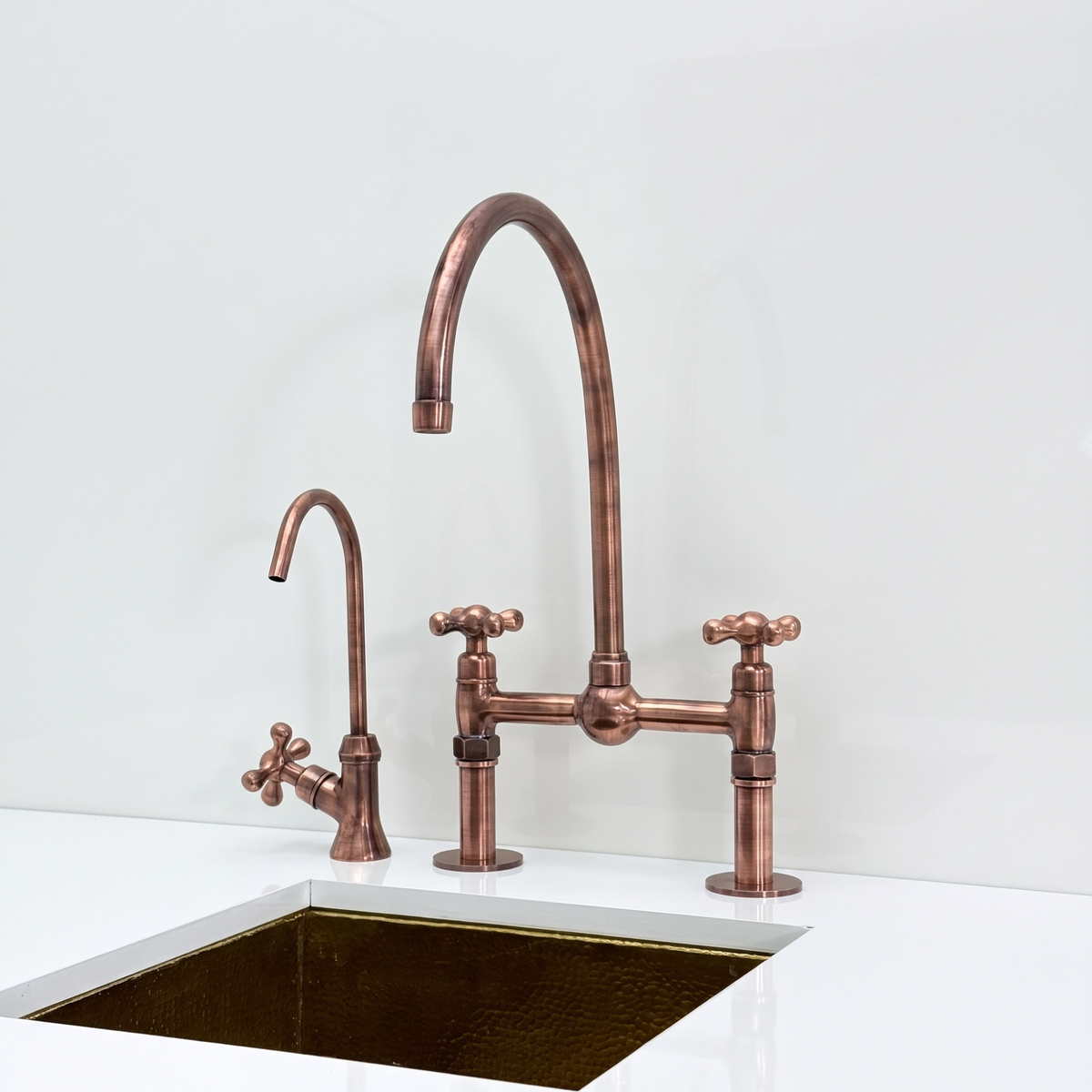 Antique Copper Bridge Kitchen Faucet with Cross Handles