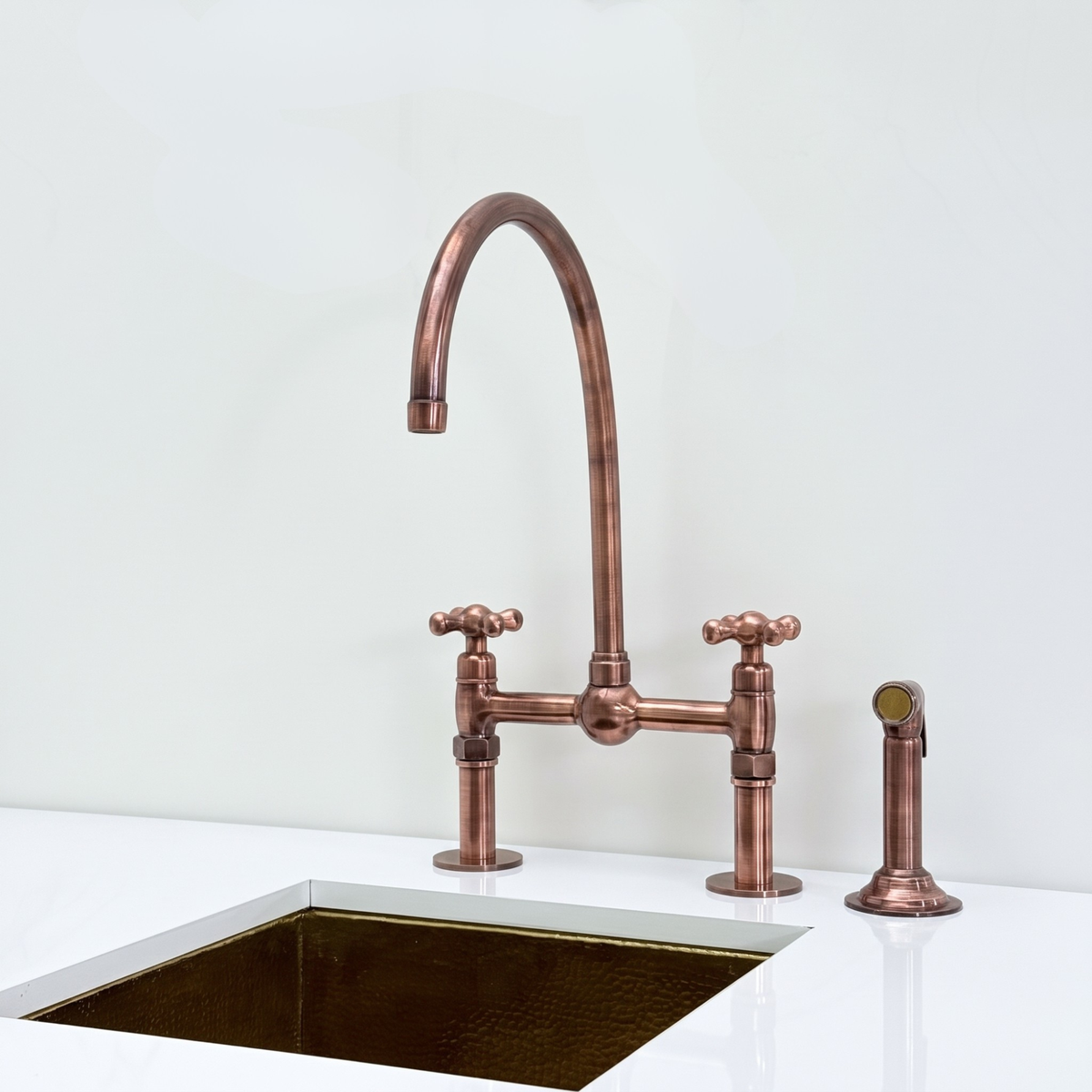 Antique Copper Bridge Kitchen Faucet with Cross Handles