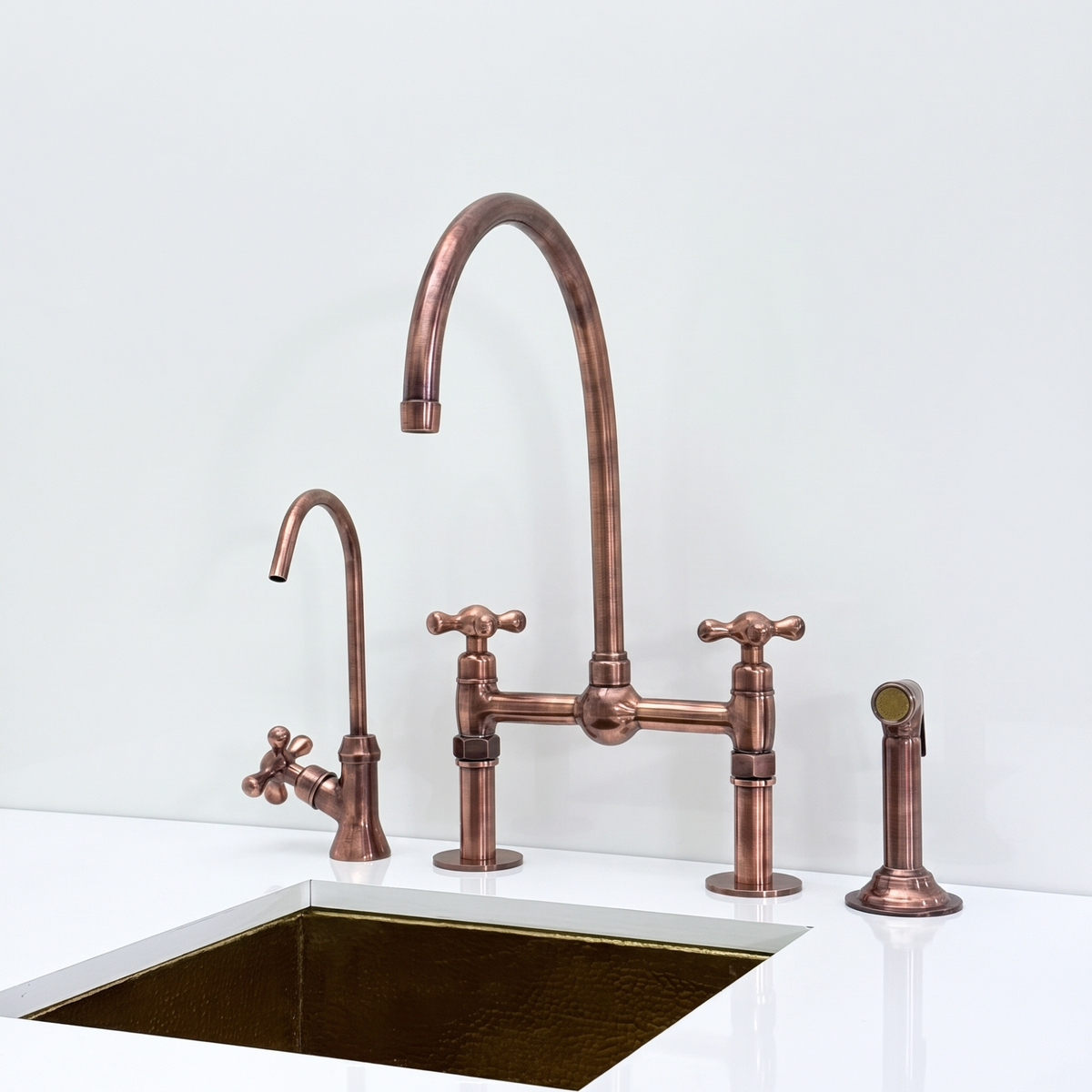 Antique Copper Bridge Kitchen Faucet with Cross Handles