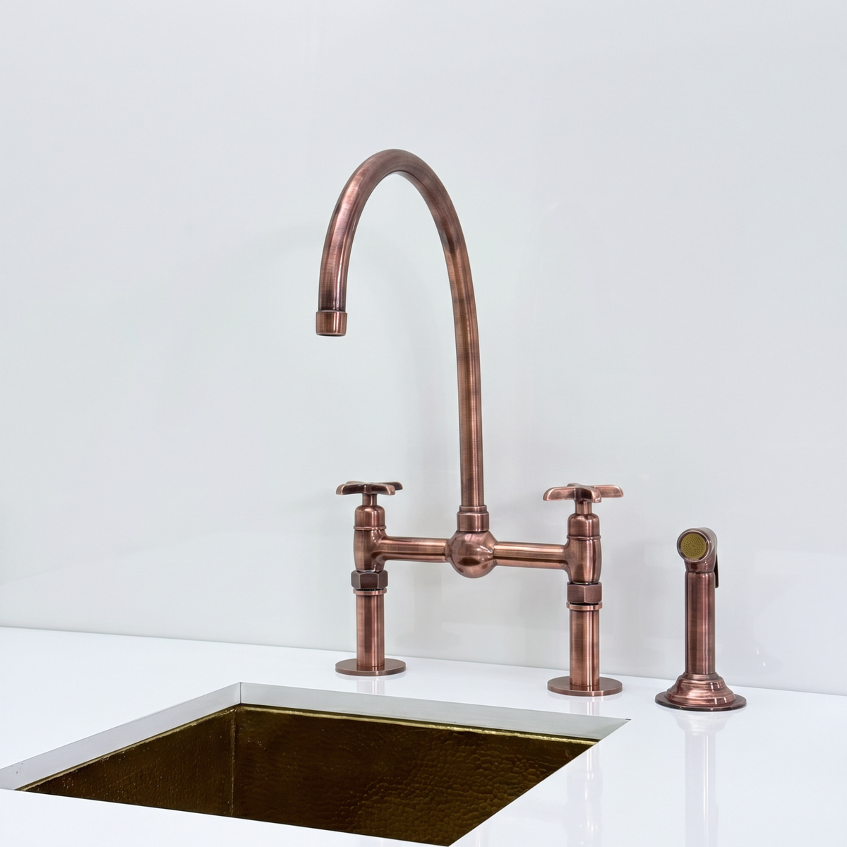 Antique Copper Bridge Kitchen Faucet with Cross Handles