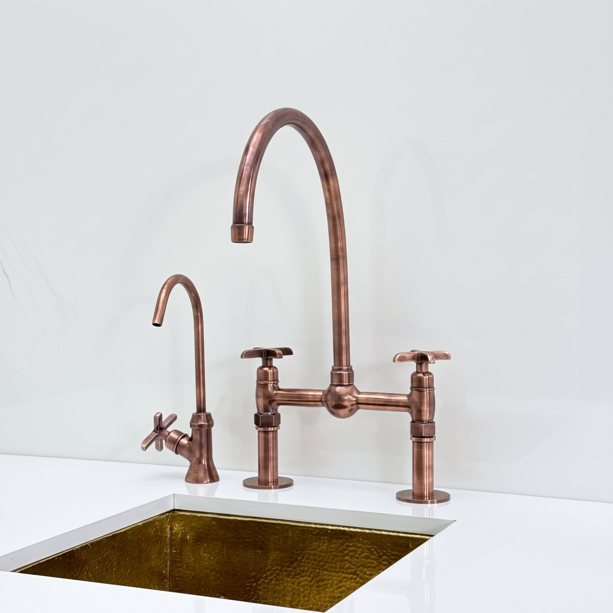 Antique Copper Bridge Kitchen Faucet with Cross Handles
