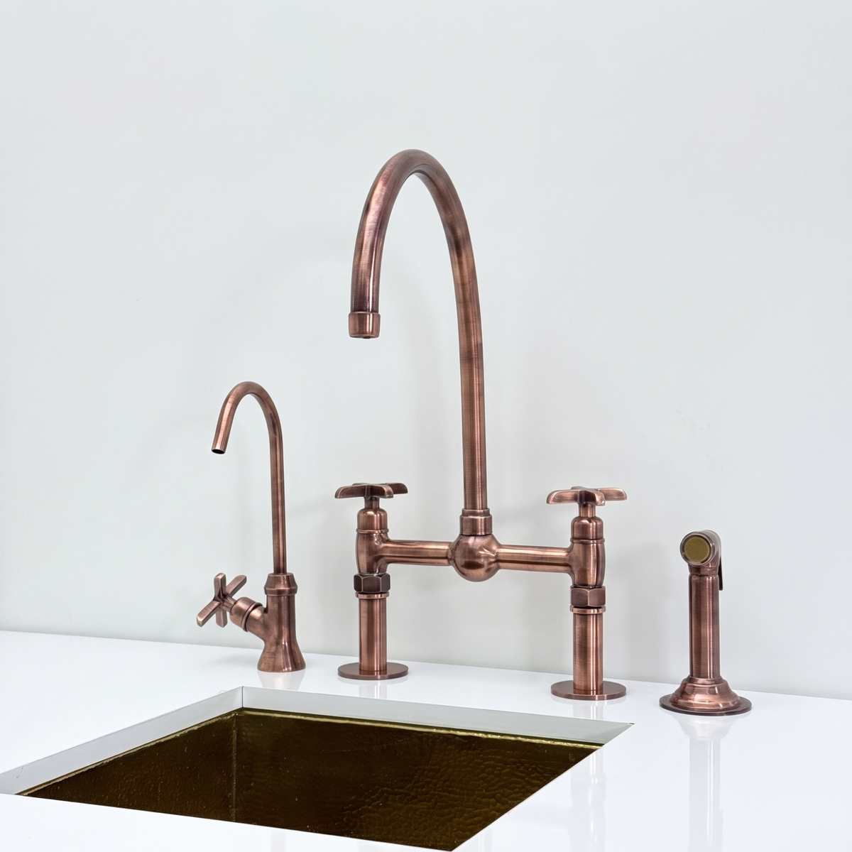 Antique Copper Bridge Kitchen Faucet with Cross Handles