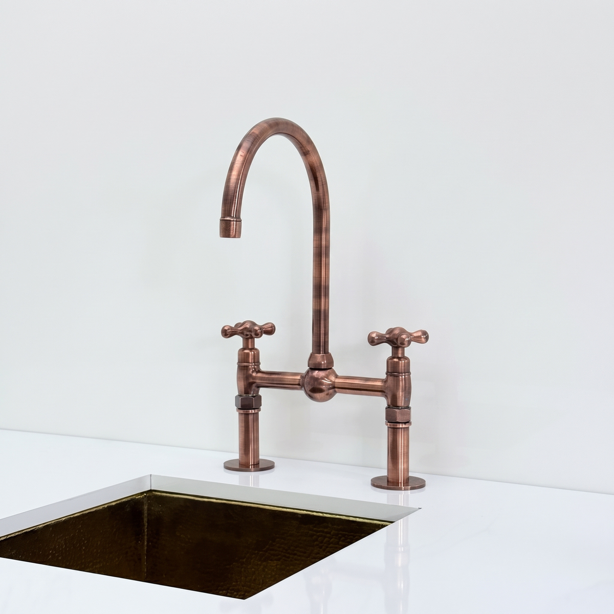 Antique Copper Bridge Kitchen Faucet with Cross Handles