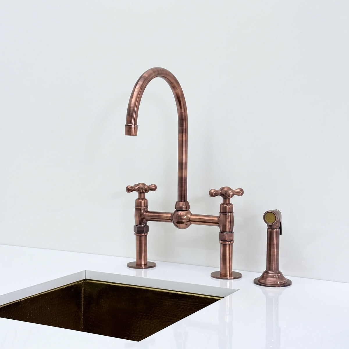 Antique Copper Bridge Kitchen Faucet with Cross Handles
