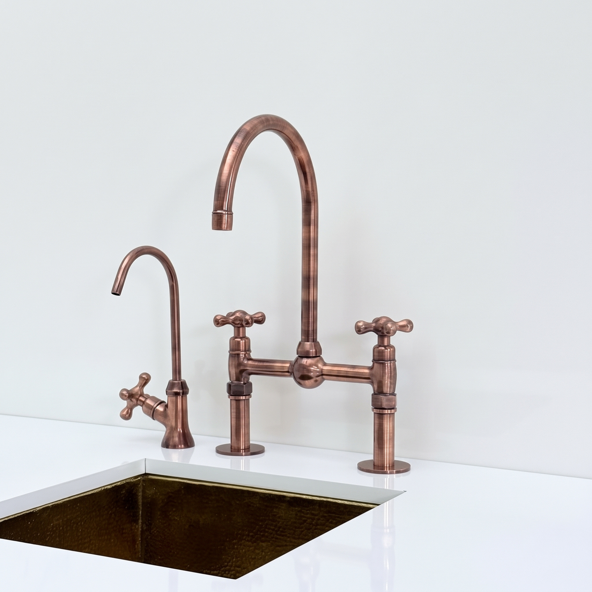 Antique Copper Bridge Kitchen Faucet with Cross Handles