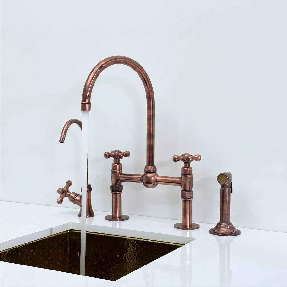 Antique Copper Bridge Kitchen Faucet with Cross Handles