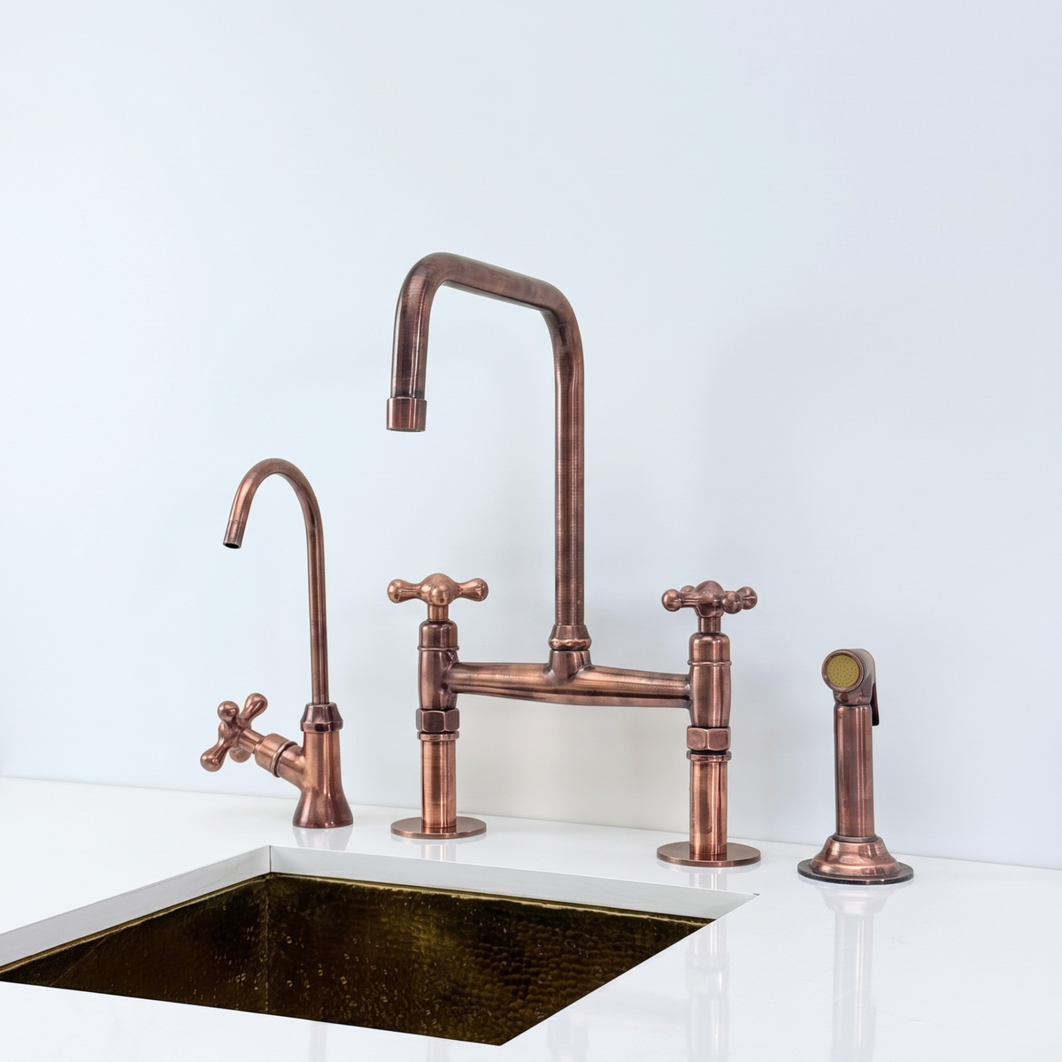 Antique Copper Classic Bridge Kitchen Faucet with Cross Handles