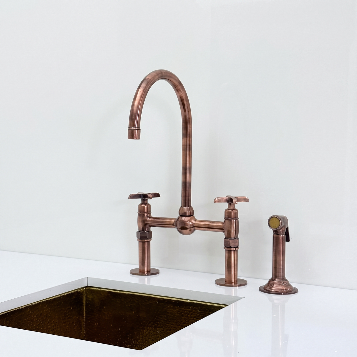 Antique Copper Bridge Kitchen Faucet with Cross Handles