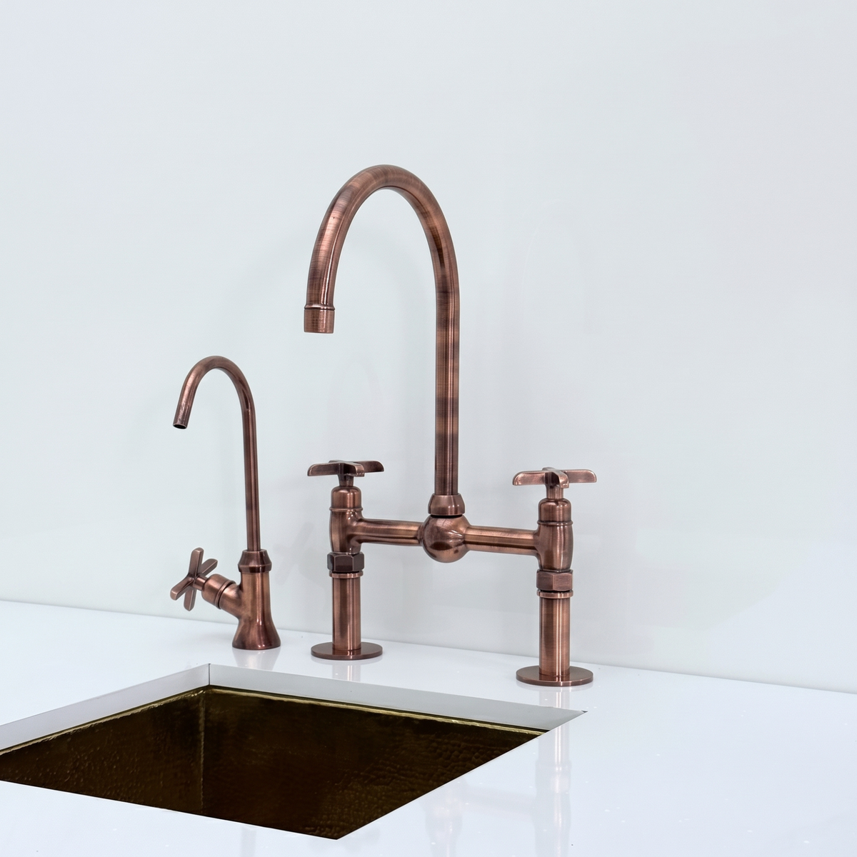 Antique Copper Bridge Kitchen Faucet with Cross Handles