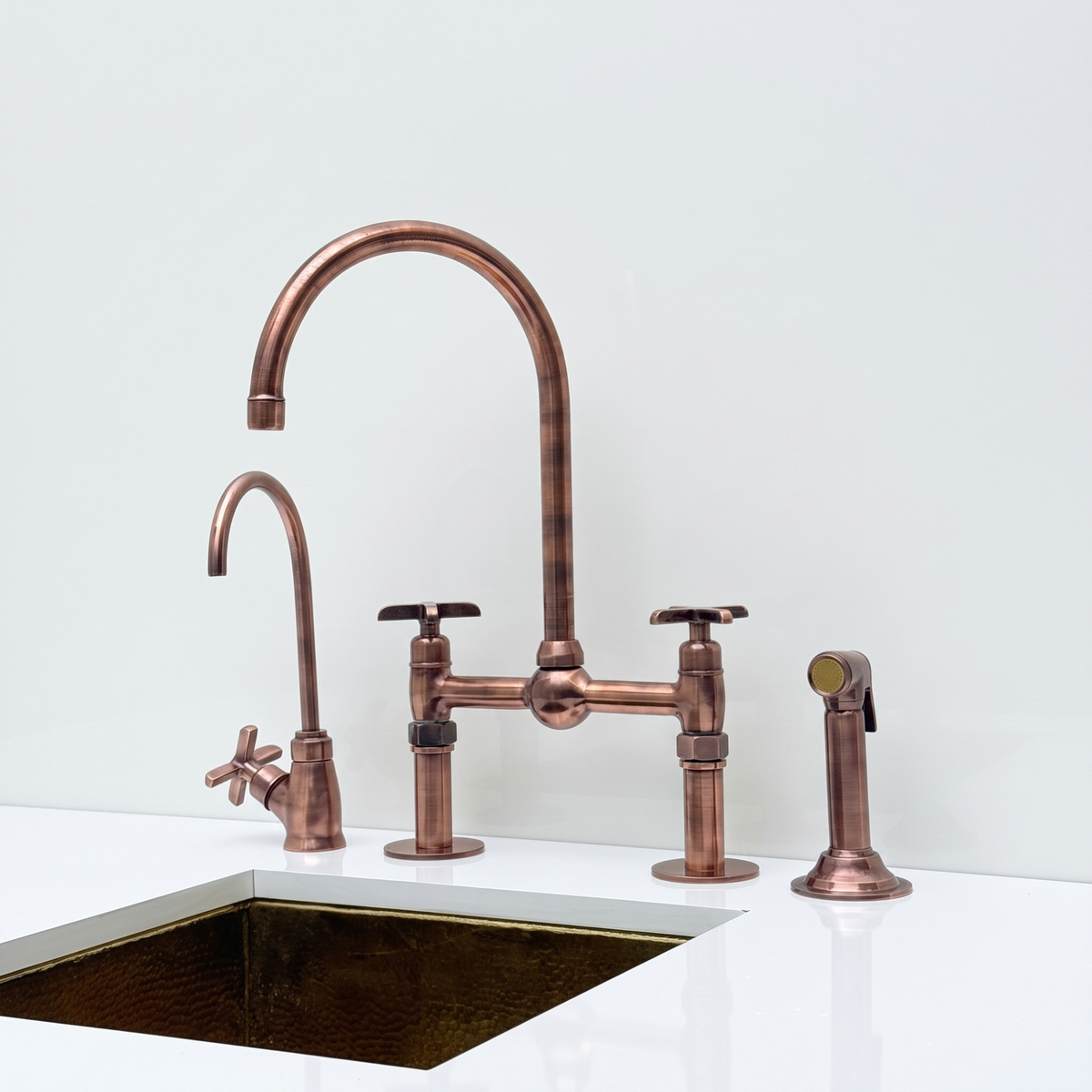 Antique Copper Bridge Kitchen Faucet with Cross Handles