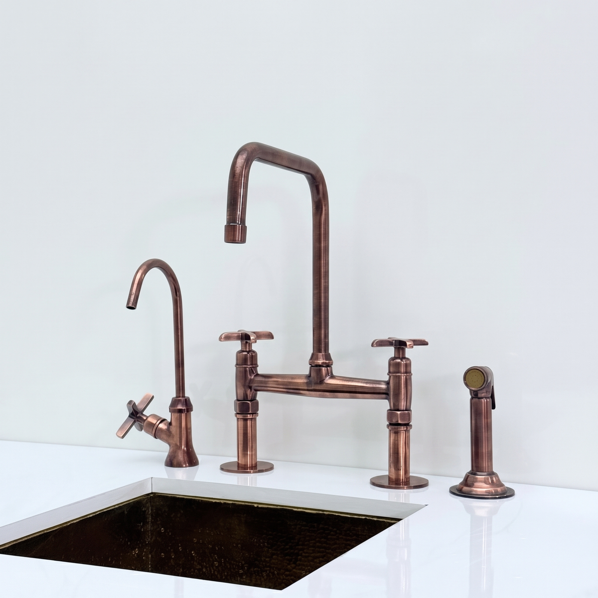 Antique Copper Classic Bridge Kitchen Faucet with Cross Handles
