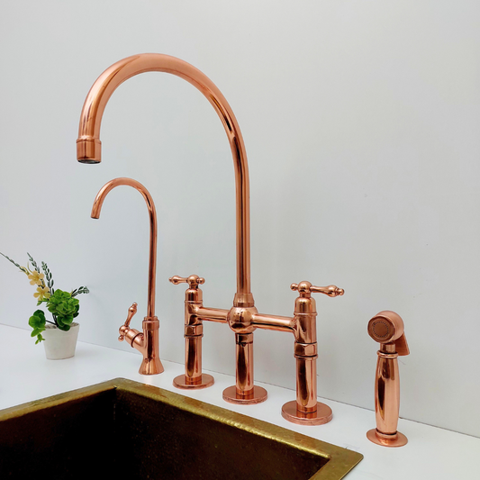 Brass Bridge Faucet with Sprayer and Cold Water Faucet, Polished Copper Finish Kitchen Faucet With Lever Handles - Ref: APLPC-94