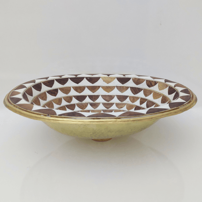 Brass Oval Bathroom Drop-in Sink, White and Brown Pattern Studded Solid Brass Sink With Wood And Resin - Ref: SWRWB001