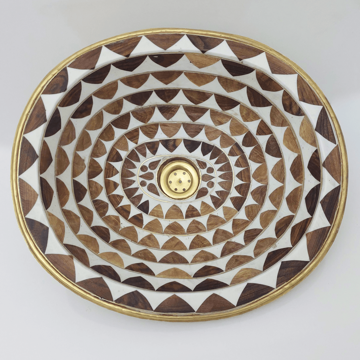 Brass Oval Bathroom Drop-in Sink, White and Brown Pattern Studded Solid Brass Sink With Wood And Resin - Ref: SWRWB001