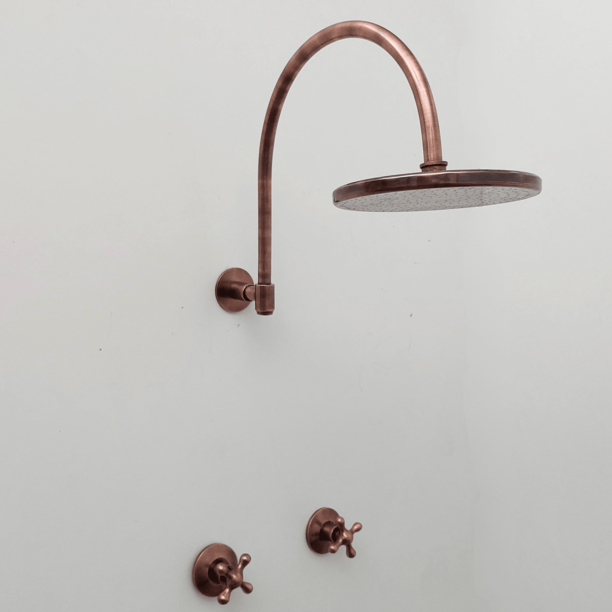 Brass Shower System with Round Rain Shower Head, Arcuate Arm and Cross Handles, Antique Copper Finish - Ref: ATLASS55