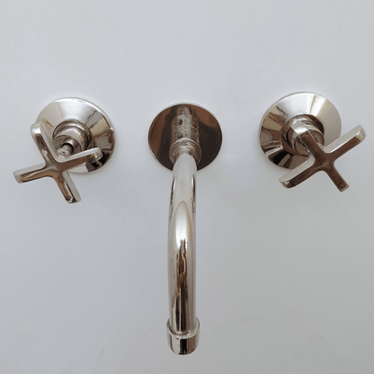 Brass Wall Mounted Bathroom Faucet, Polished Nickel Finish Faucet with Cross Handles - Ref: WFCN001
