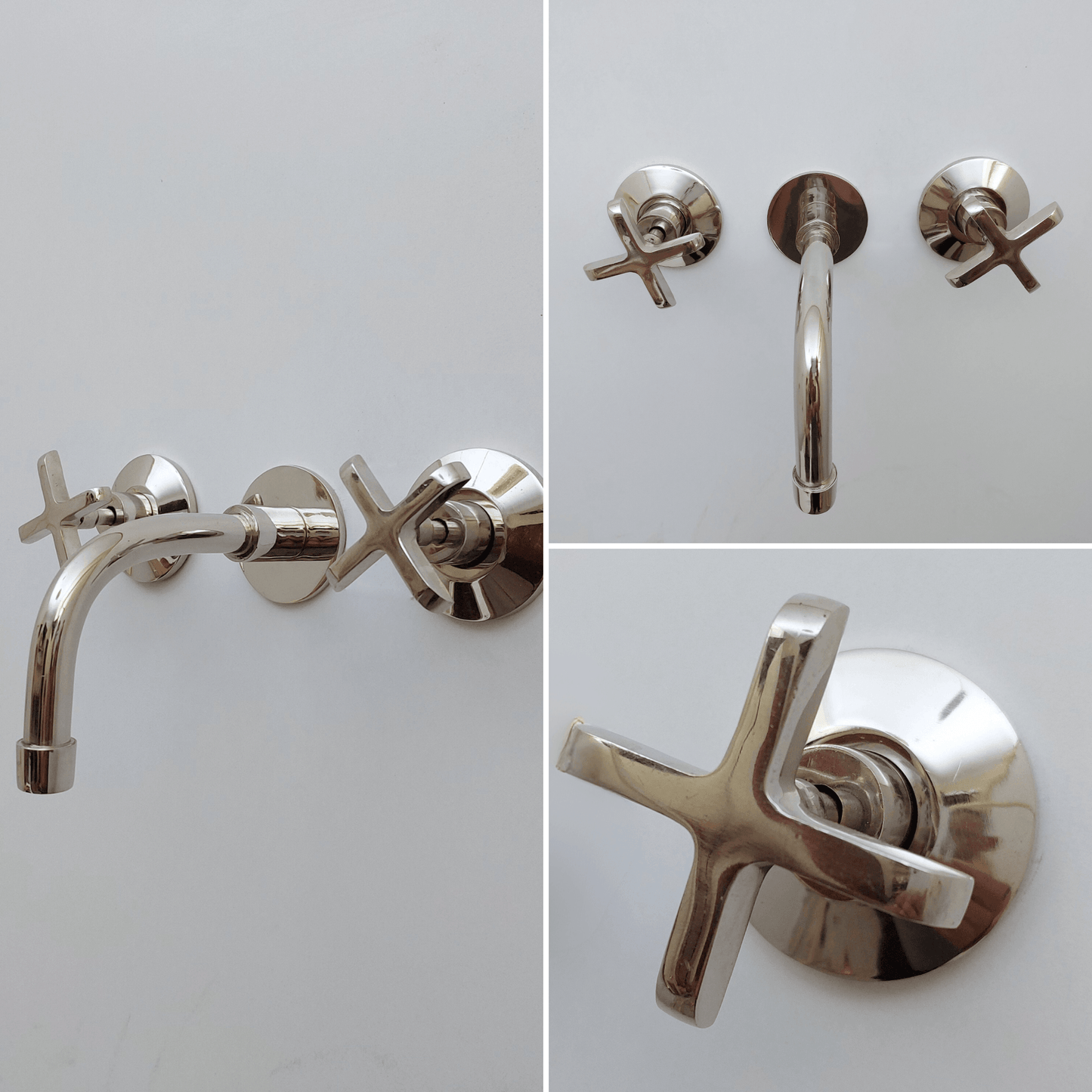 Brass Wall Mounted Bathroom Faucet, Polished Nickel Finish Faucet with Cross Handles - Ref: WFCN001