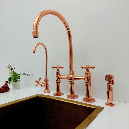 Brass Bridge Faucet with Sprayer and Cold Water Faucet, Polished Copper Finish Kitchen Faucet With Cross Handles - Ref: APCPC-94