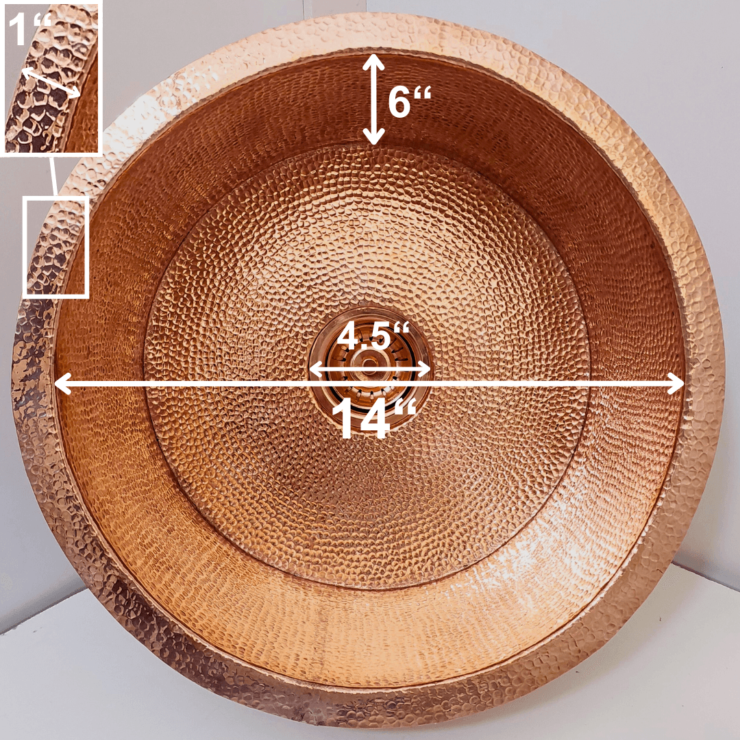 Hammered Solid Copper Bathroom Sink, Round Kitchen Drop-In Sink - Ref: SN011