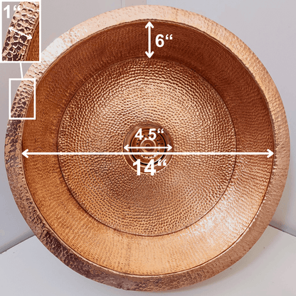 Hammered Solid Copper Bathroom Sink, Round Kitchen Drop-In Sink - Ref: SN011