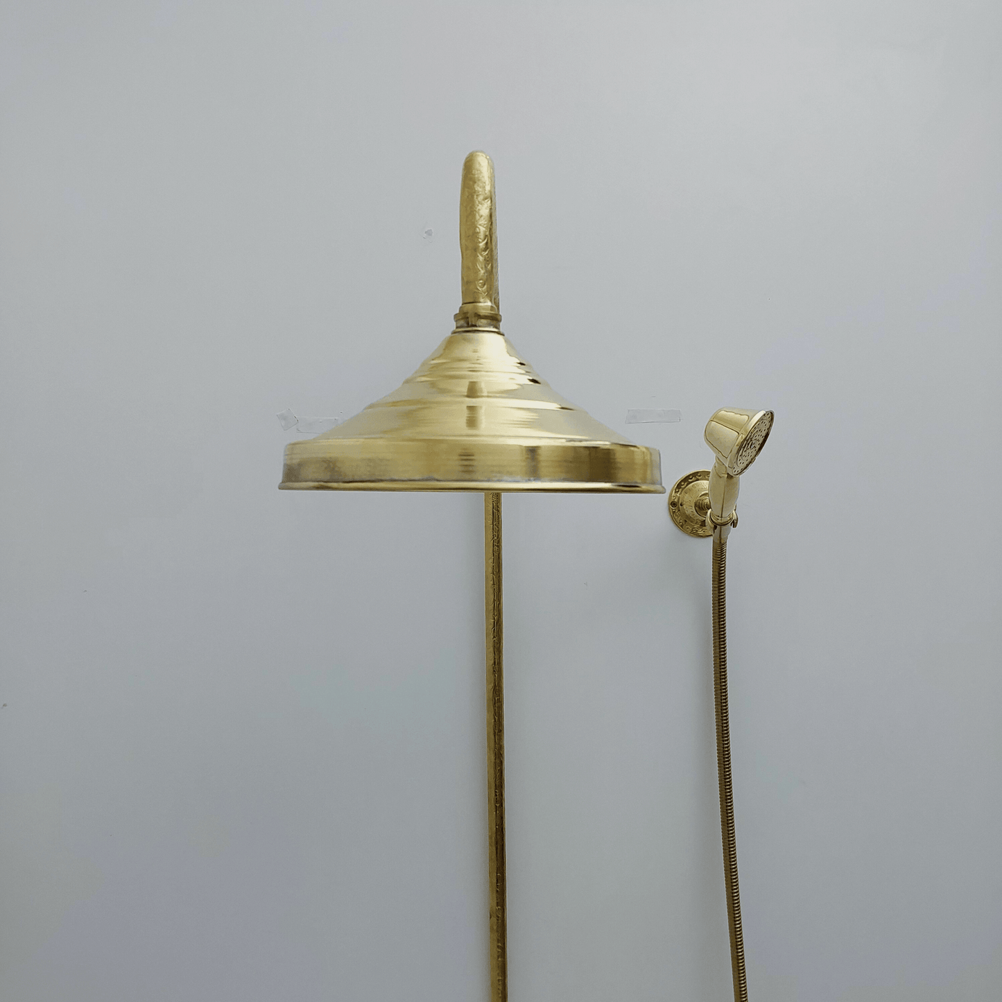 Engraved Unlacquered Brass Shower System with Handheld Shower Head, Round Rain Shower Head and Cross Handles - Ref: ATLASS46