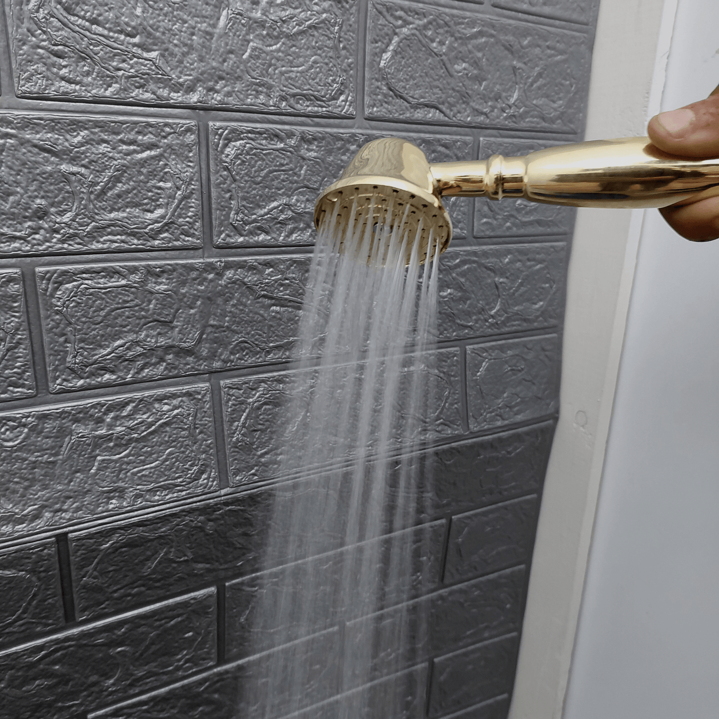 Engraved Unlacquered Brass Shower System with Handheld Shower Head, Round Rain Shower Head and Cross Handles - Ref: ATLASS46