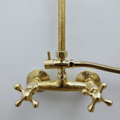 Engraved Unlacquered Brass Shower System with Handheld Shower Head, Round Rain Shower Head and Cross Handles - Ref: ATLASS46