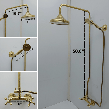 Engraved Unlacquered Brass Shower System with Handheld Shower Head, Round Rain Shower Head and Lever Handles - Ref: ATLASS47
