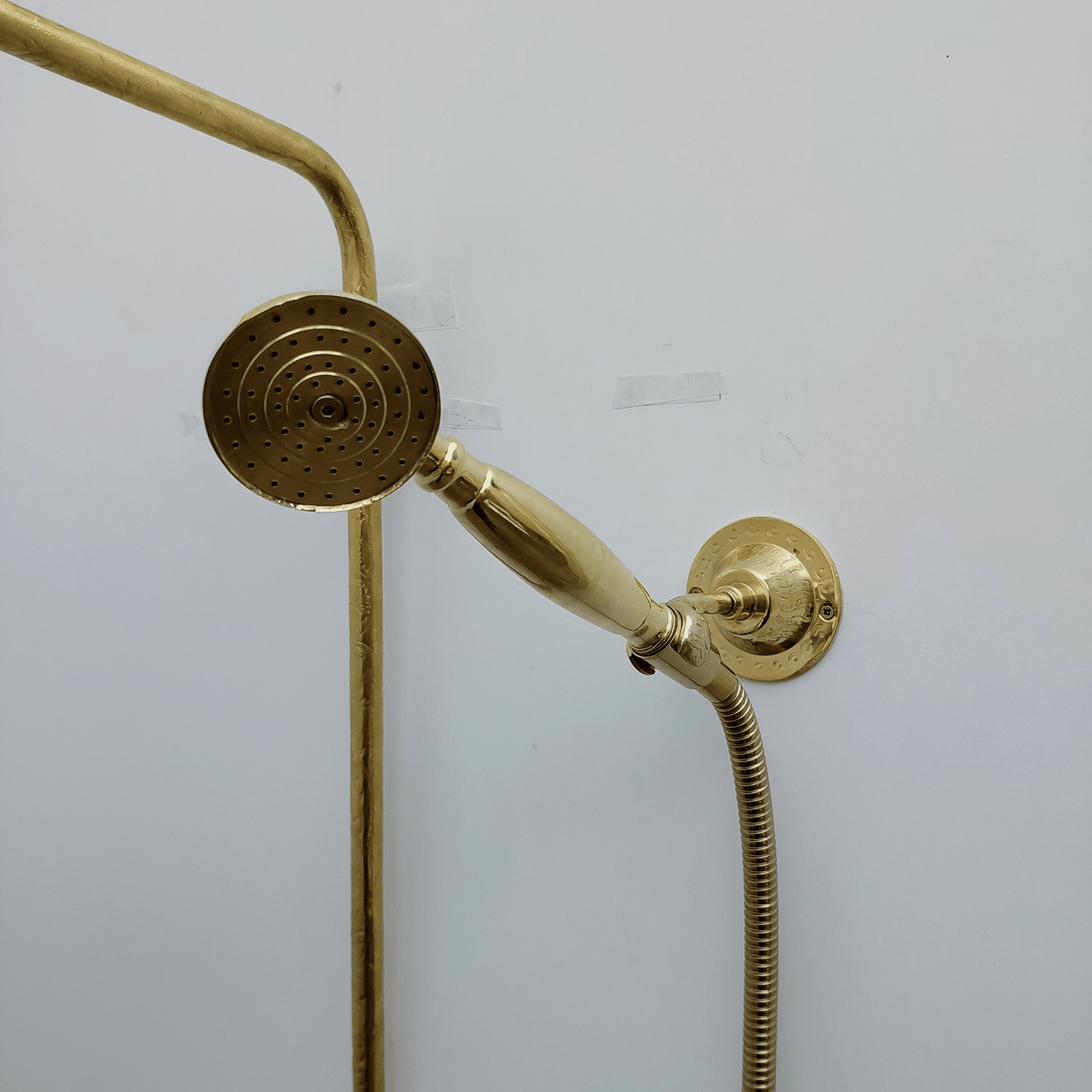 Engraved Unlacquered Brass Shower System with Handheld Shower Head, Round Rain Shower Head and Lever Handles - Ref: ATLASS47