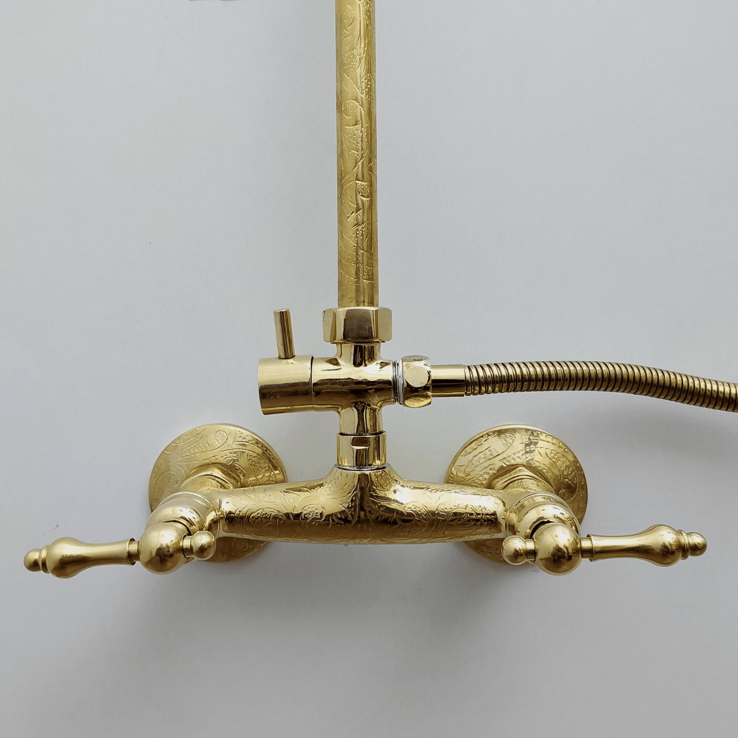 Engraved Unlacquered Brass Shower System with Handheld Shower Head, Round Rain Shower Head and Lever Handles - Ref: ATLASS47