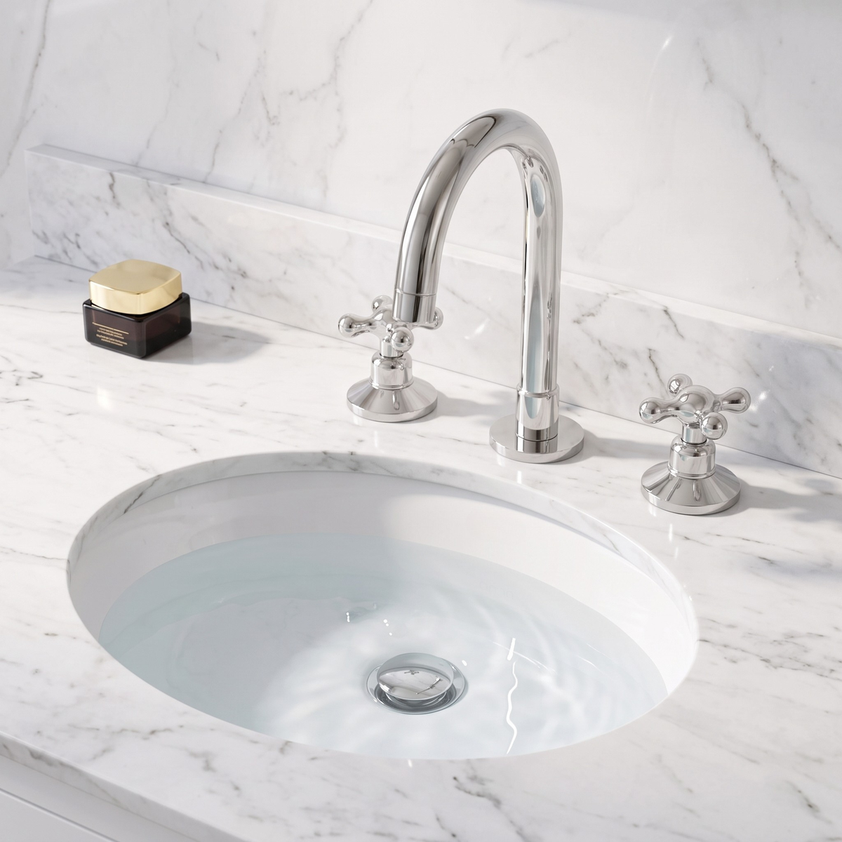 Polished Nickel Dome Widespread Bathroom Faucet with Cross Handles