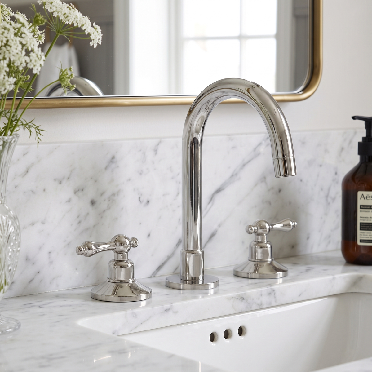 Polished Nickel Widespread Bathroom Faucet with Lever Handles