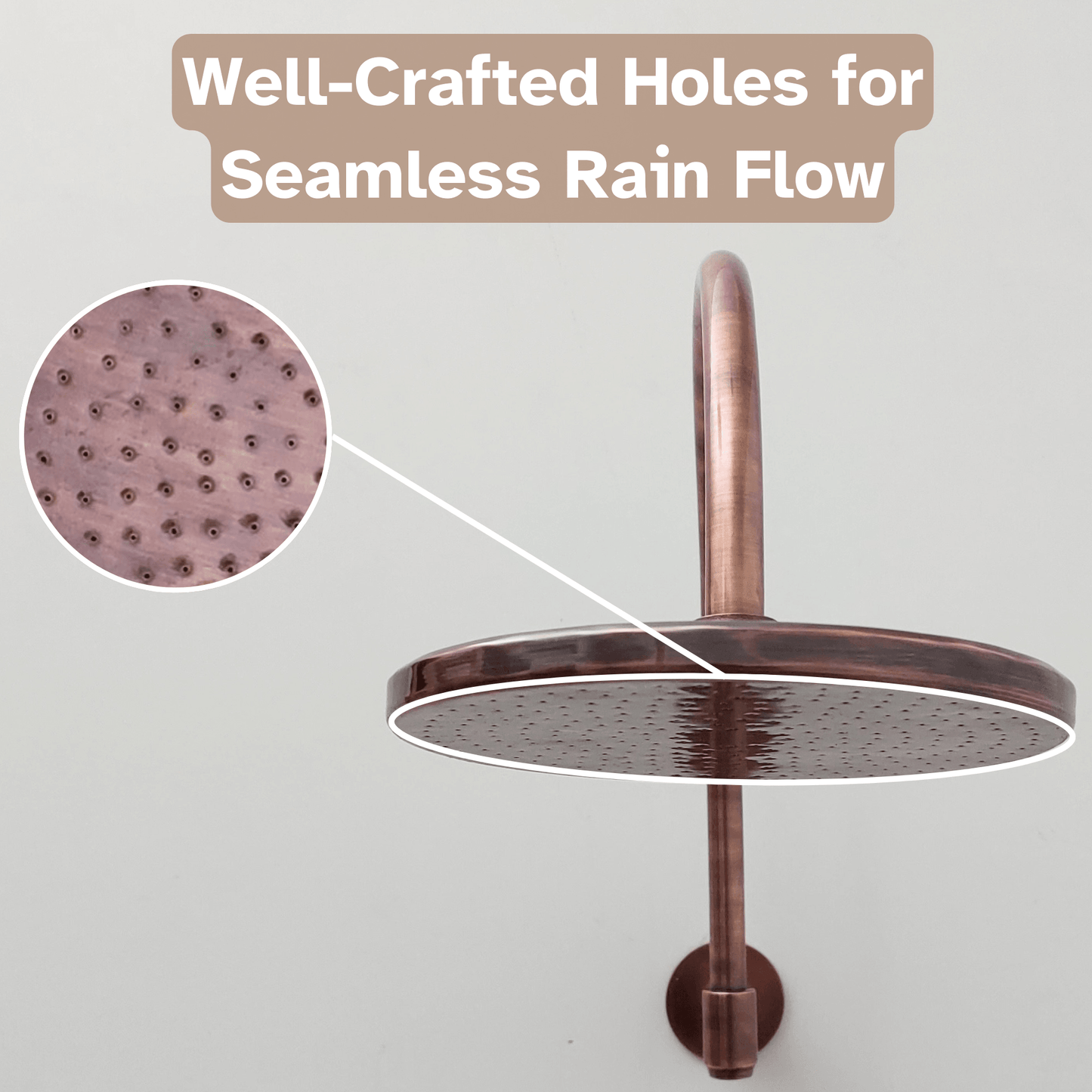Round Rain Shower Head with Arcuate Arm, Antique Copper Finish - Ref: CSHA-001