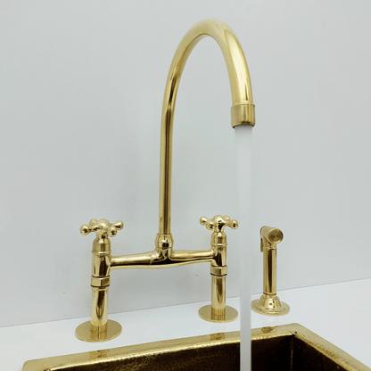 Unlacquered Brass Bridge Faucet with Sprayer, Brass Kitchen Faucet With Cross Handles - Ref: BF2LCB001-SP