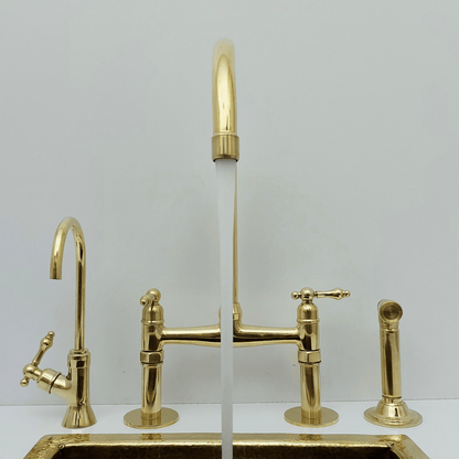 Unlacquered Brass Bridge Faucet with Sprayer and Cold Water Faucet, Brass Kitchen Faucet With Lever Handles - Ref: BF2LLB001-PK