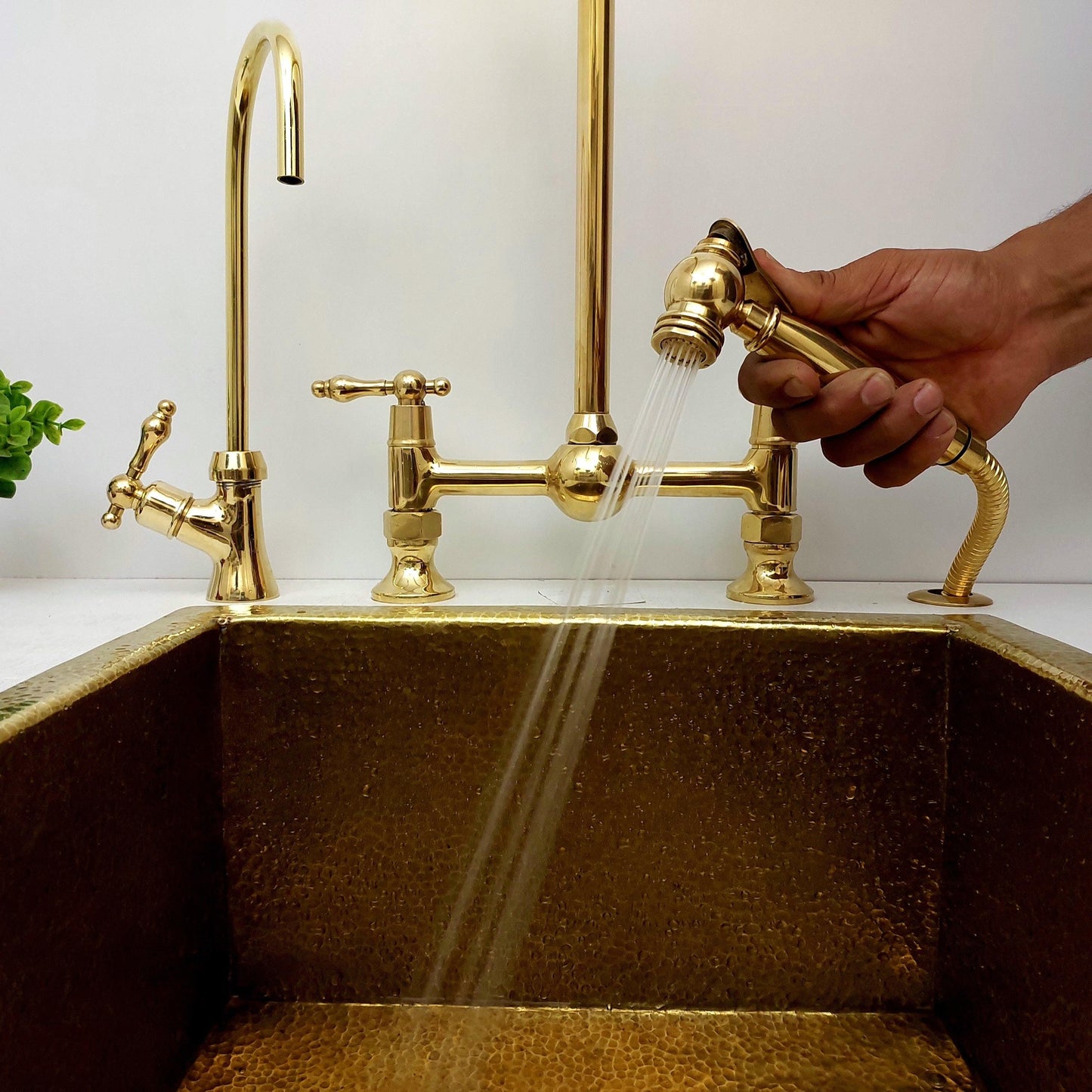 Unlacquered Brass Bridge Kitchen Faucet With Ball Center, Sprayer, Cold Water Tap, And Lever Handles - Ref: APL-5